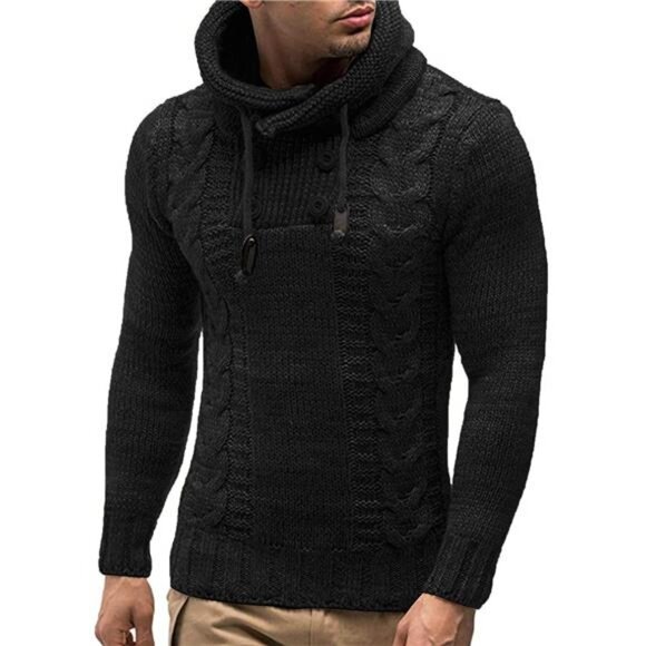 NWT Men's Black Cable Knit Cowl Neck Sweater | Button Detail Pullover - Picture 1 of 6